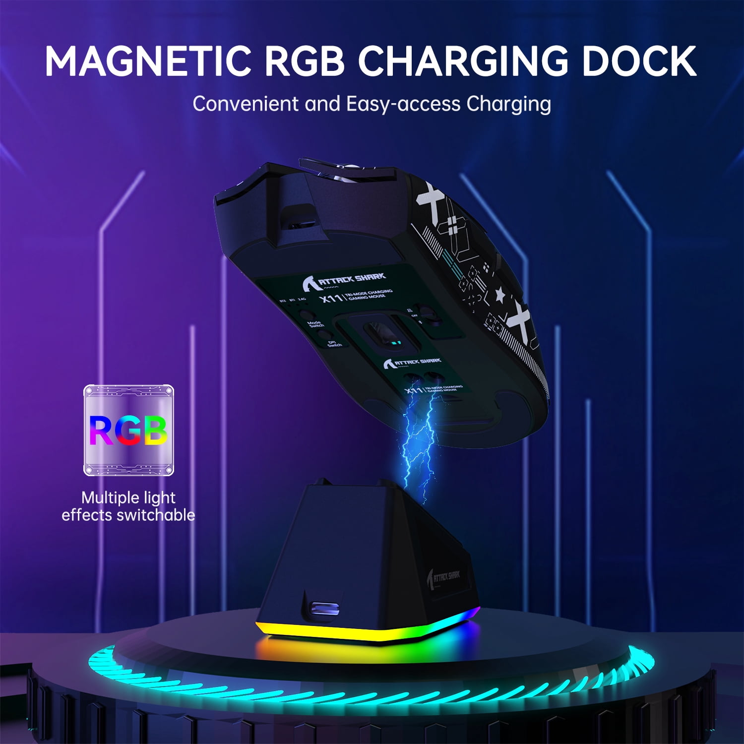 ATTACK SHARK X11 Wireless Gaming Mouse with RGB Charging Dock, Tri-Mode 2.4G/USB-C Wired/Bluetooth, 22000 DPI, PAW3311 Sensor, 5 Programmable Buttons, Grip Tape Included, Black