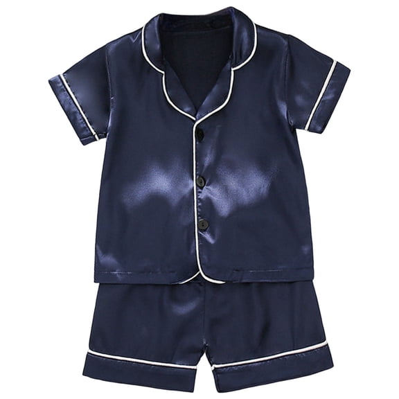 Zanarzt Girls' Pajama Sets Toddler Girl Boy Pajamas Short Sleeve Button Down Shirts Shorts Set Silk Pjs Satin Sleepwear 18-24 Months,Dark Blue