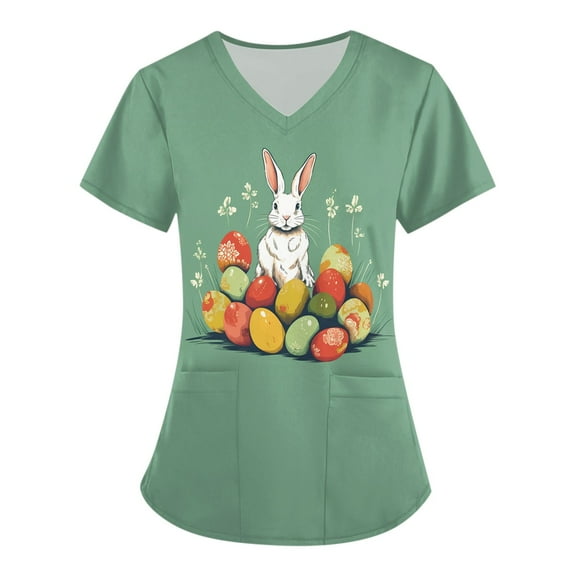 Susanny Womens Easter Scrub Tops Eggs Rabbit Bunny Scrub Tops with Pockets Short Sleeve Graphic Printed Fitted Scrubs Tops Green XL
