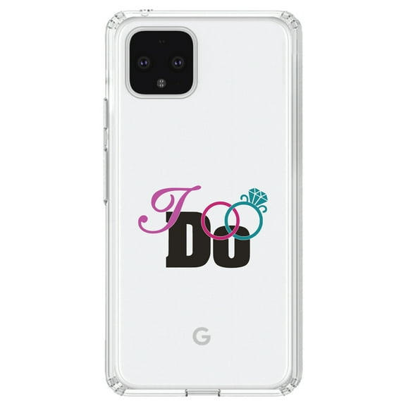 DistinctInk Clear Shockproof Hybrid Case for Google Pixel 4 (6.1" Screen) - TPU Bumper Acrylic Back Tempered Glass Screen Protector - I Do - Wedding Rings