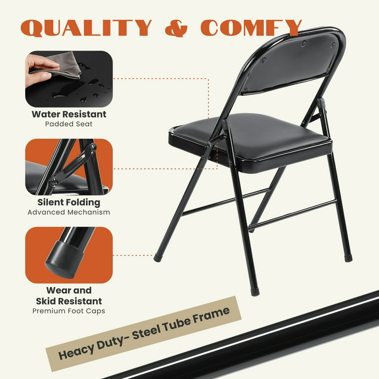 Joinsun Folding Leather Chairs 2 Pack, Black, Metal Frame, Padded