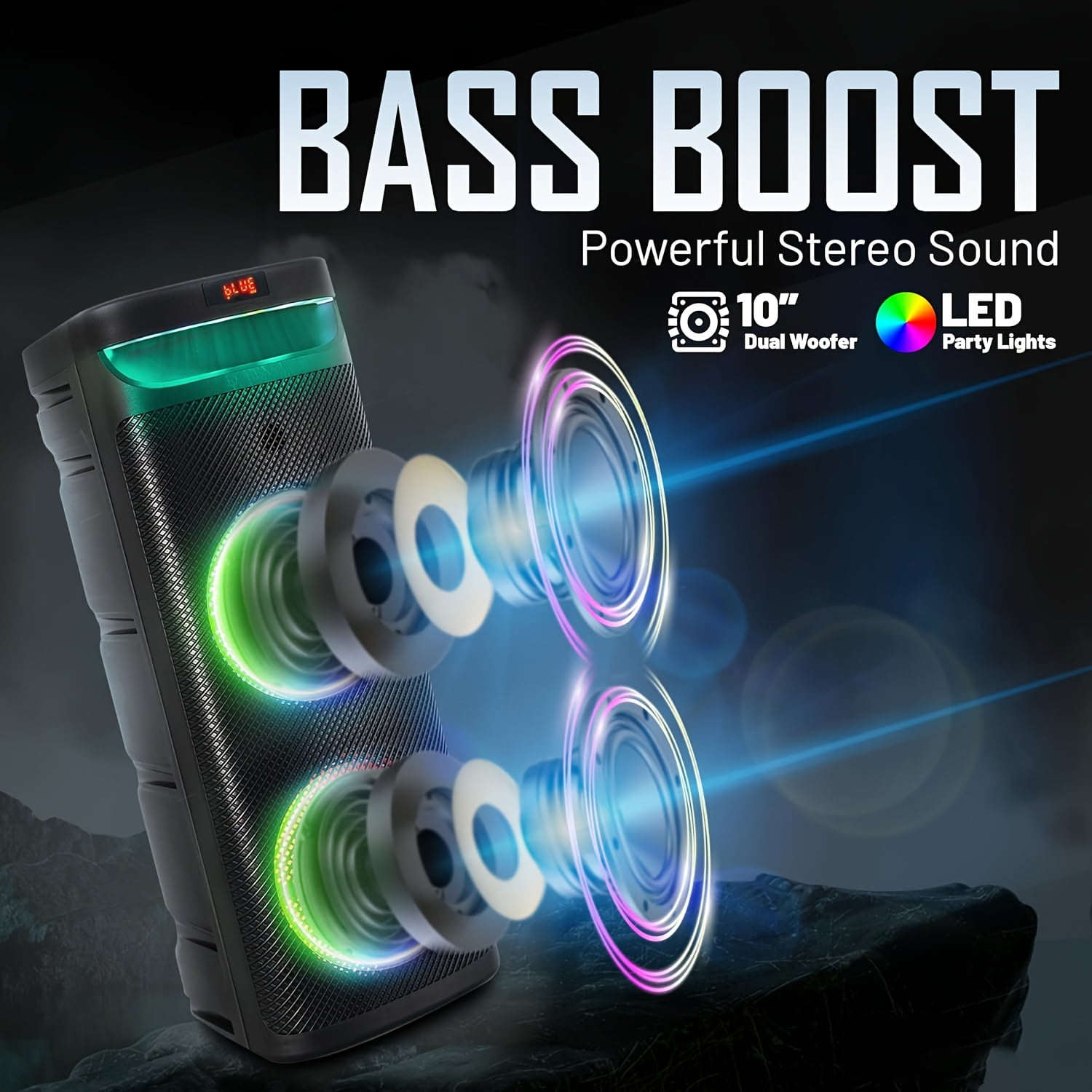RIDWIND 5000W Peak Power Dual 10" Woofers Portable Party Speaker, Indoor & Outdoor Loud Heavy Bass Sound System with Microphone, RGB Lights, Remote Control, Support TWS/USB/FM, Rechargeable Battery