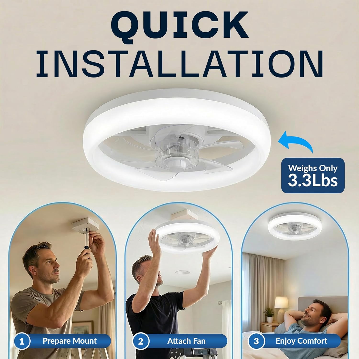 CannonX 14” Low Profile Ceiling Fans with Lights and Remote, Modern Fandelier Ceiling Fan with Light, 6 Speeds, 3 Lighting Modes 3500K-5500K, Flush Mount for Bedroom, LED 2200 Lumens, ETL Certified