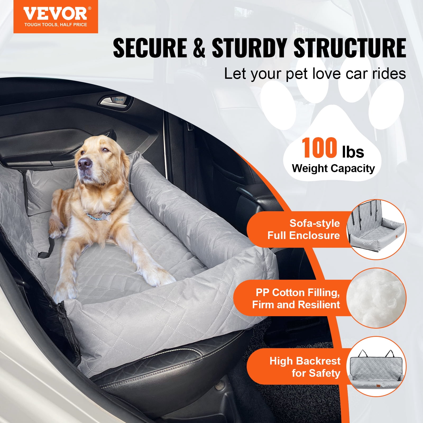 VEVOR Dog Car Seat, Waterproof Dog Booster Seat for Car, Pet Car Seat with Clip-On Safety Leash, PP Cotton Filling, Dog Car Bed for Medium & Large Dog up to 100 lbs, Gray