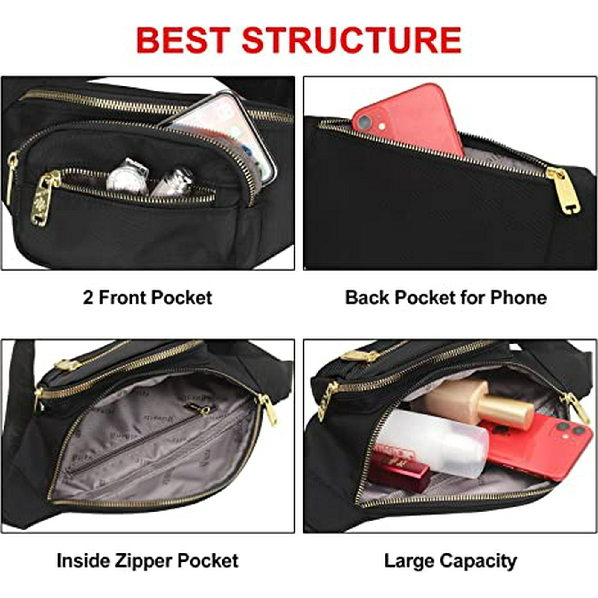 Black Designer Fanny Packs for Women Men Fashion Waist Pack for Workout Travel Running Hiking Waist Bum Bag Fanny Pack Purse Walmart