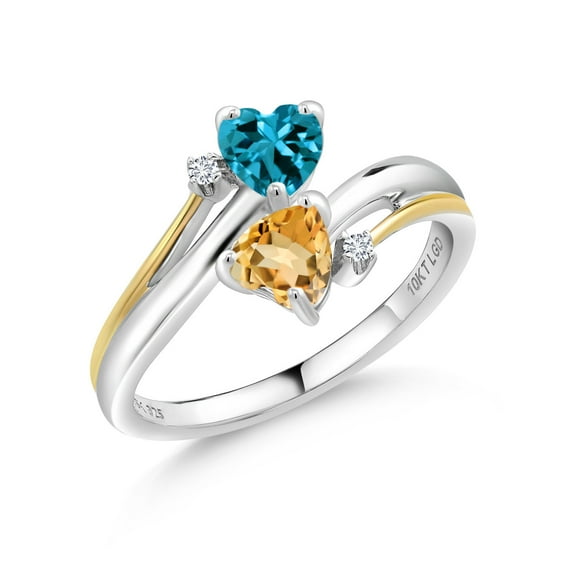 Gem Stone King 1.03 Ct London Blue Topaz Yellow Citrine 925 Silver and 10K Yellow Gold Lab Grown Diamond 2 Heart Promise Couple Engagement Mother Ring (Size 9)