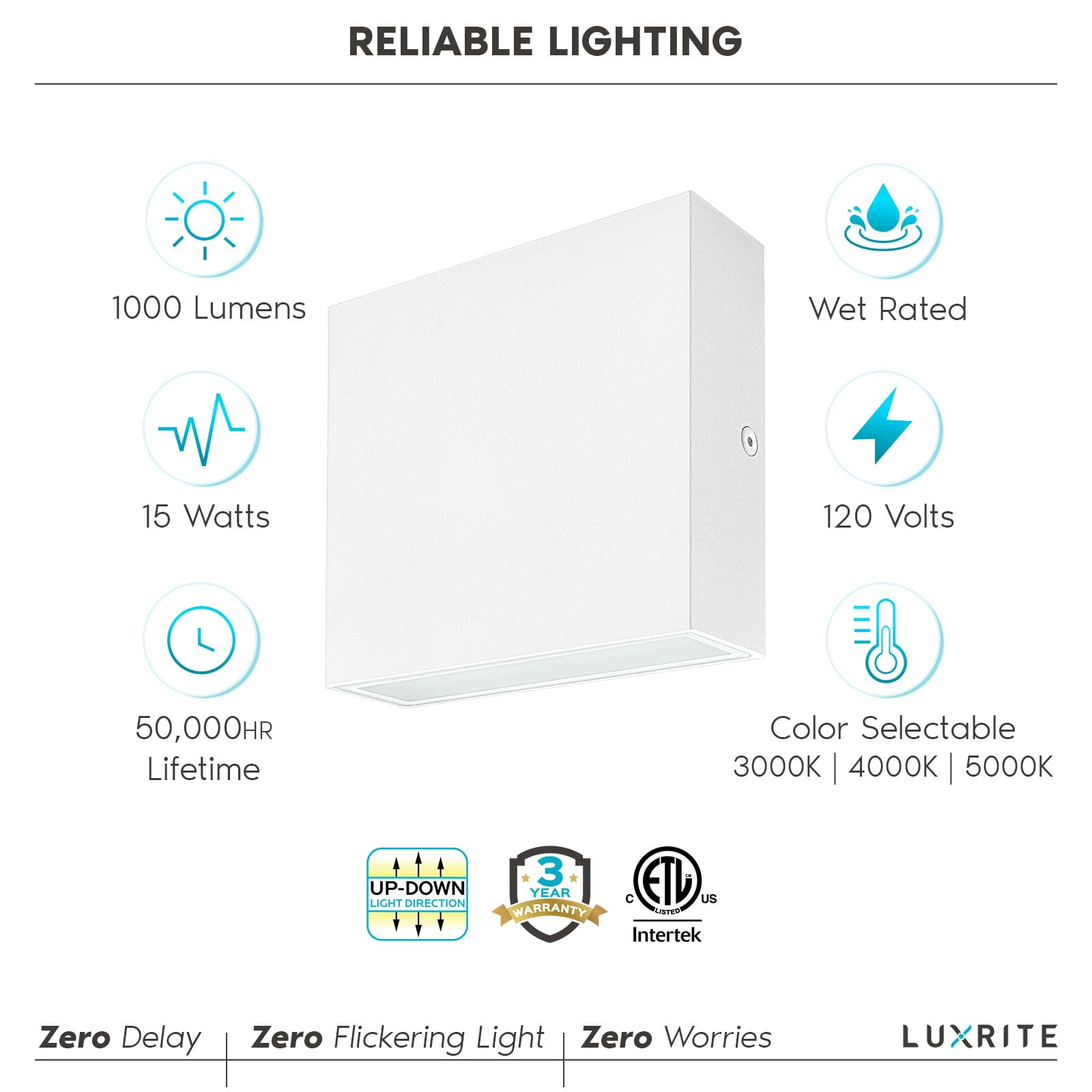 Luxrite Square LED Up and Down Wall Sconce, 3 Color Selectable, 15W, 1000 Lumens, ETL Listed, Wet Rated - White