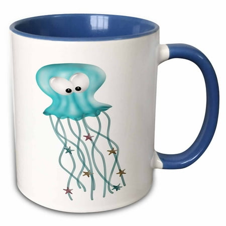 Blue Fish 2 Eye 3dRose Cute Light Blue Cross Eyed Jelly Fish With Star Fish Illustration - Two Tone Blue Mug, 15-ounce ()