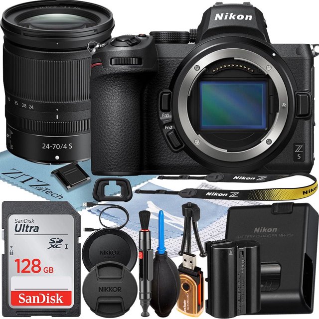 Nikon Cámara sin Espejo Z5 con Lente Zoom NIKKOR Z 24-70mm f/4 + Tarjeta SanDisk de 128GB + Estuche + Filtro de 3 Piezas + Flash + Paquete de Accesorios ZeeTech