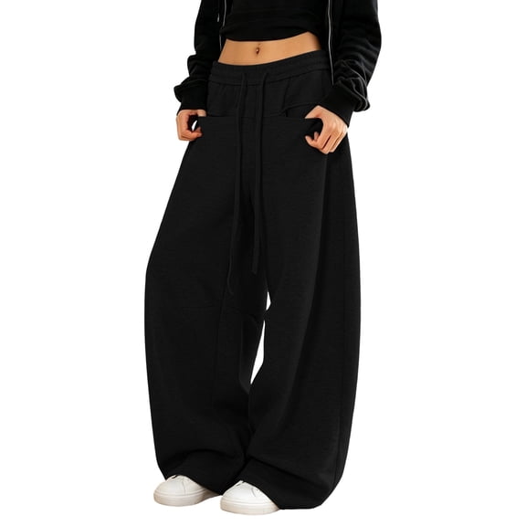 MEZZALL Women Solid Color Baggy Wide Leg Sweatpants Elastic Drawstring Low Rise Deep Side Pockets Oversized Relaxed Fit Hop Streetwear Casual Trousers, L