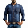 thumbnail image 2 of WTOBBY Men's Denim Shirt Long Sleeve Resort Wash Turn-Down Collar Button Front Casual Workwear Layering Piece Lightweight Jean Jacket Style Top,Dark Blue L, 2 of 3