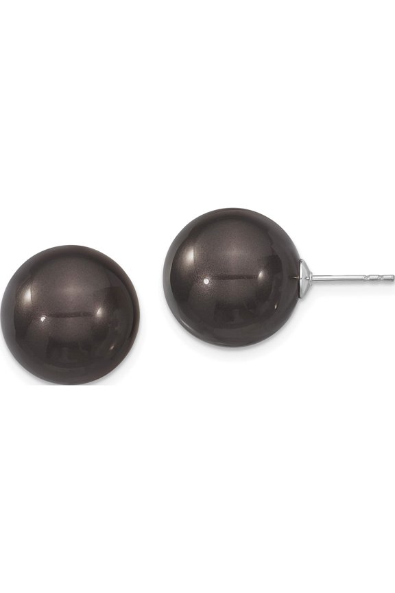 Sterling Silver Majestik Rh-Pl 14-15mm Blk Imitat Shell Pearl Stud Earrings Made In Canada qmje14b