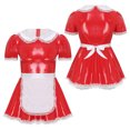 thumbnail image 3 of Vestido de sirvienta Sissy de línea A con encaje y volantes para hombre, de charol, trajes de cosplay, vestido de sirvienta con delantal, cuello de muñeca, mangas abullonadas, 3 of 5