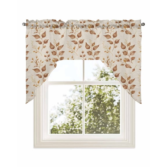 Brown Fall Leaves Kitchen Curtains Swag Valance for Windows/Bathroom/Cafe, Vintage Farmhouse Leaf Plants Rod Pocket Drape Panel Swag Curtains Valance for Bedroom/Living Room 56"x36"