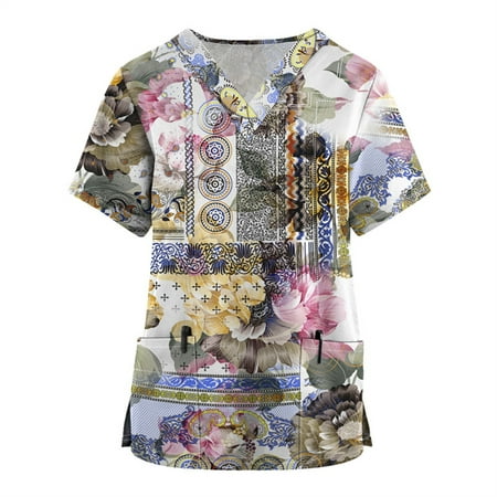 

EHTMSAK Women s Scrub Tops Floral with Pocket Women s Working Uniform Nursing Uniform with Two Pockets Short Sleeve V-Neck Cartoon Printed Blouse Gray S