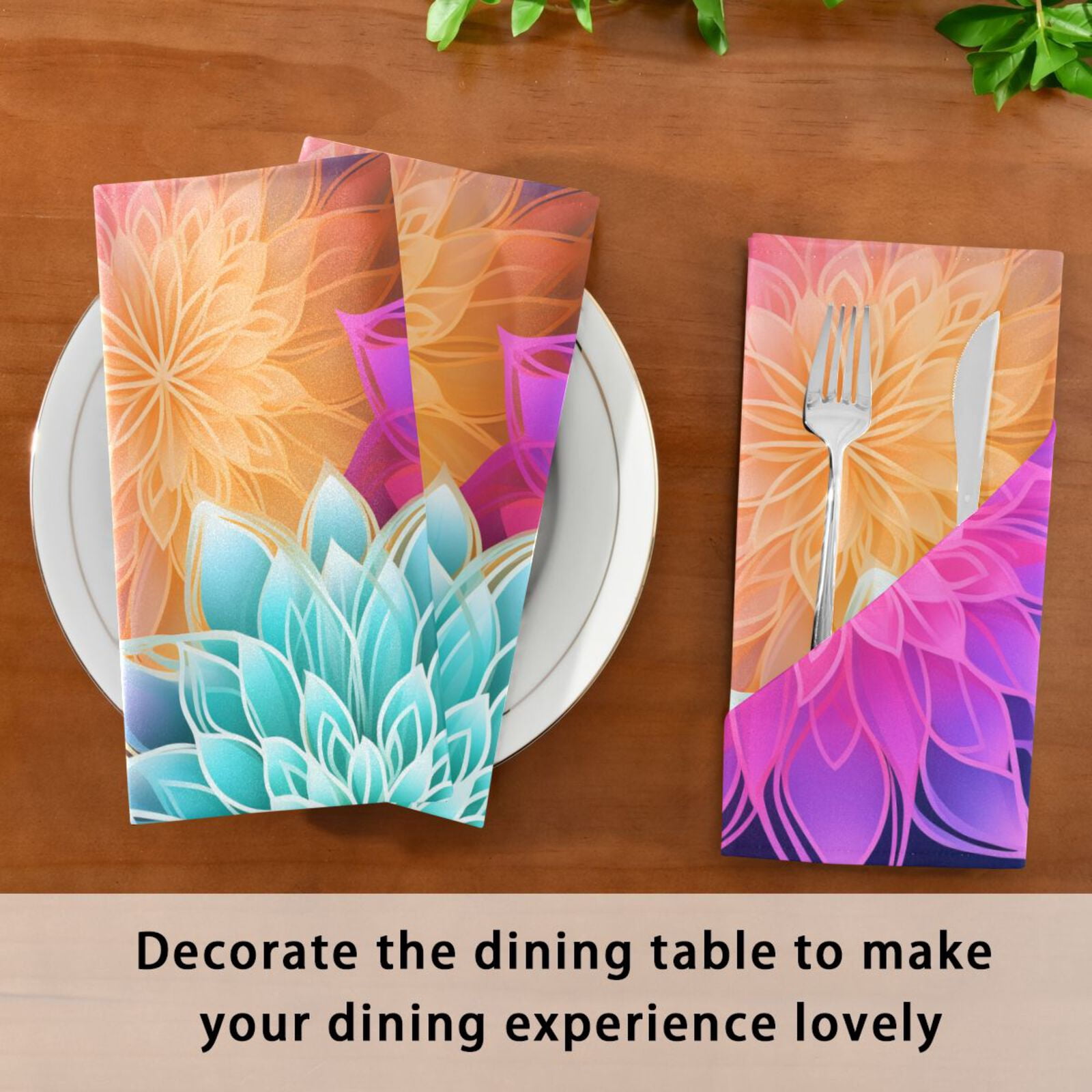 JSTEL Transparent Mandala Flowers Rainbow Cloth Napkins Set of 6, 20x20 Inch Washable and Reusable Napkin for Decoupage Dinner Party Everyday Use