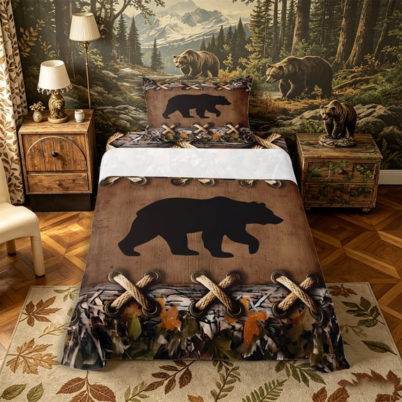Castle Fairy Rustic Black Bear Twin Sheets 3pcs,Camo Autumn Leaves Bedding,Brown Khaki Black,1 Fitted Sheet, 1 Flat Sheet and 1 Pillowcase