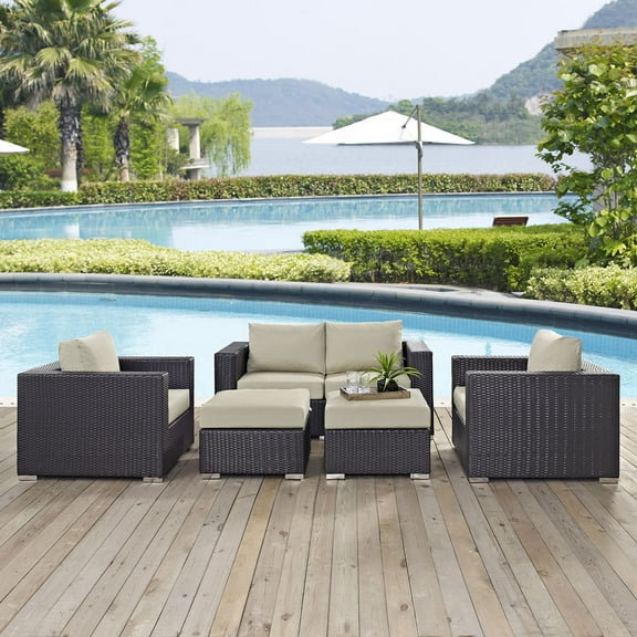 Modway Convene 5 Piece Outdoor Patio Sofa Set in Espresso Beige