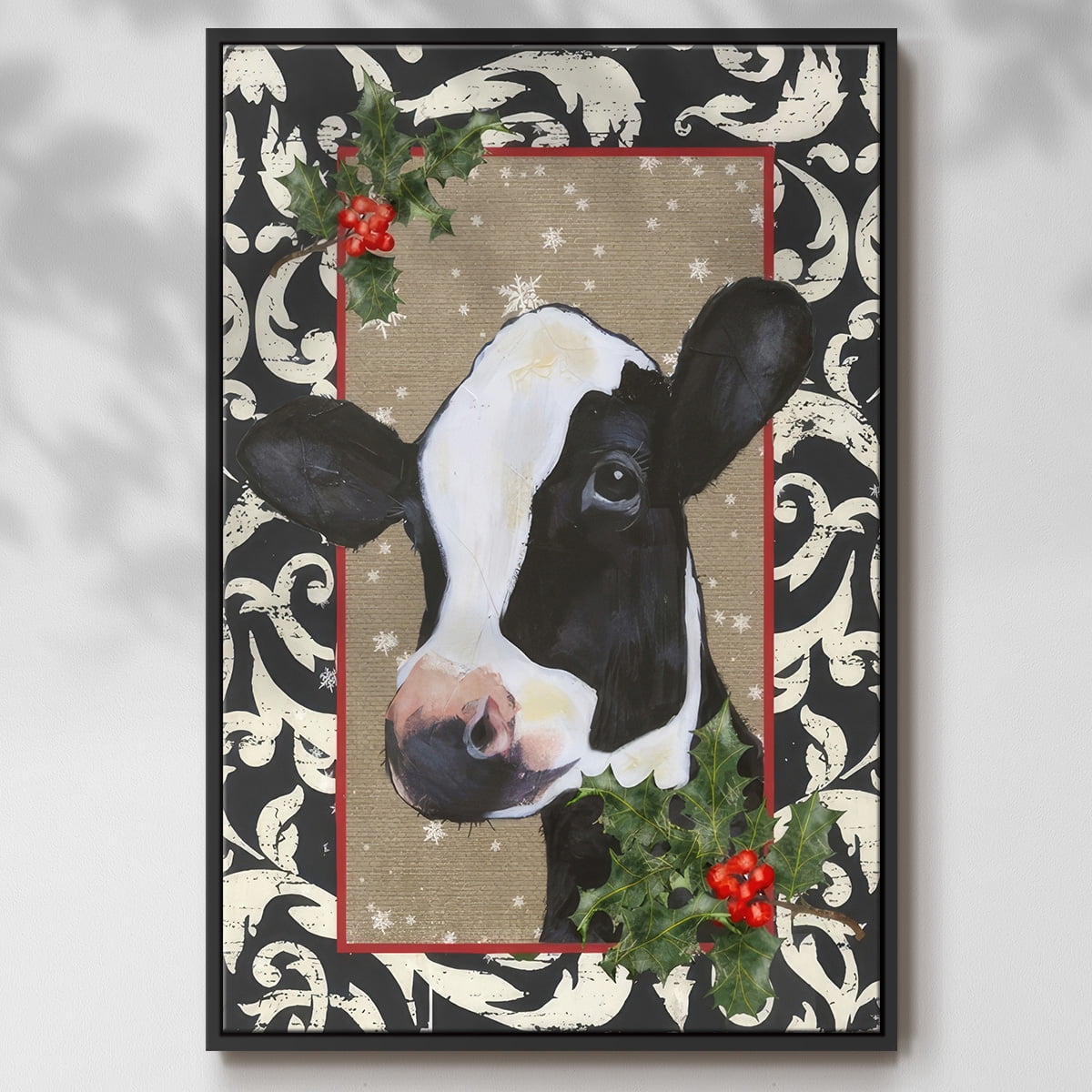 County Christmas Farm I - Framed Gallery Wrapped Holiday Canvas - 27 x 41 - Black Frame
