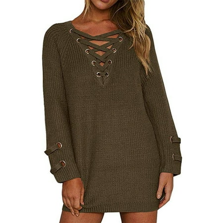 Women's Lace Up Front V Neck Long Sleeve Knit Pullover Sweater Mini Dress Top