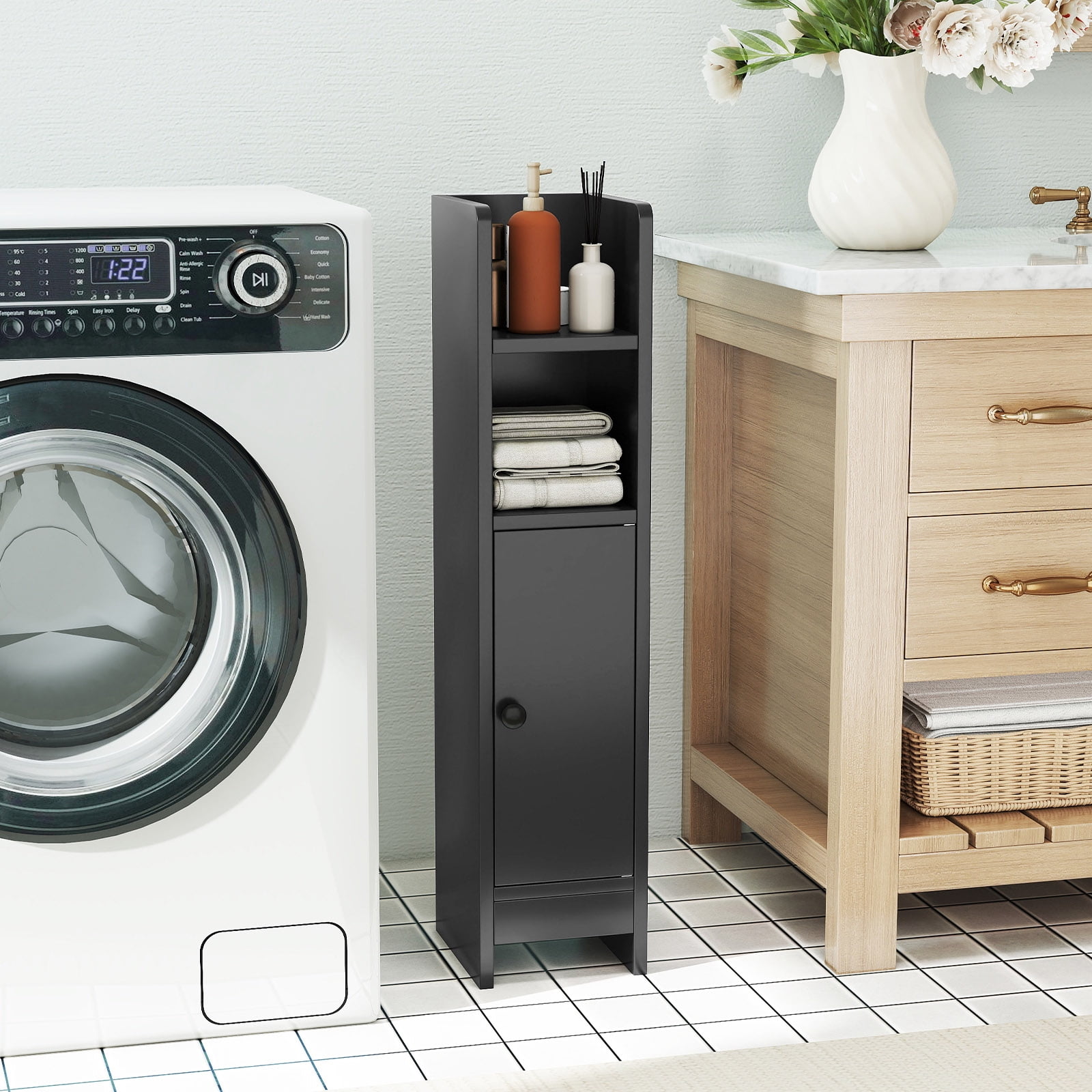Topbuy Bathroom Storage Cabinet Small Corner Floor Cabinet with Door and Adjustable Shelves Toilet Paper Holder Stand Black