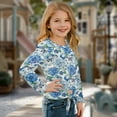 thumbnail image 3 of Xixirimido Blue Butterfly Boho Mandala Printed Girls Long Sleeve Shirt Kids Crewneck T-Shirts Trendy 3D Graphic Tie-hem Cute Tees for Fall Winter, Size 5-6, 3 of 7