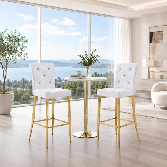 TesNus Bar Stools Set of 2 White Crocodile Pattern Leather Chair Gold Metal Legs 45 Inch for Kitchen