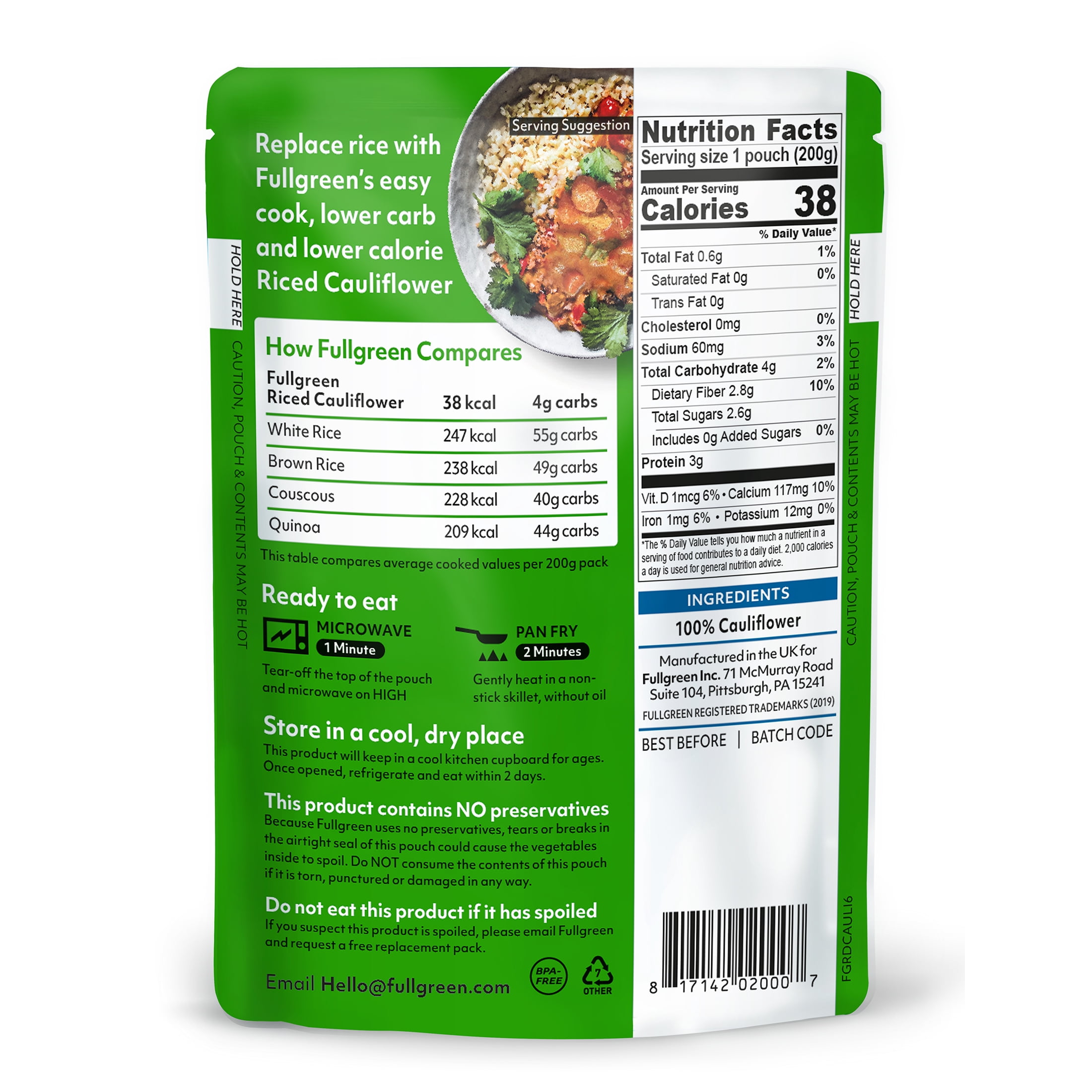 (2 pack) Fullgreen Riced Cauliflower 7.05 oz Shelf Stable Pouch