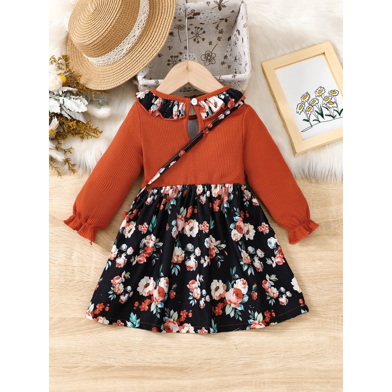 Saeaby Baby Girls Clothes Toddler Girls Floral Dress 2T Girls Fall Dress 3T Girls Long Sleeve Dress with Cute Bag Brown, Infant Girl's, Size: 2-3