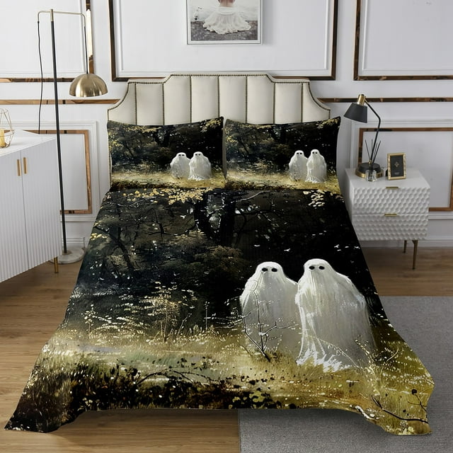 Erosebridal Ensembles de Courtepointe d'Halloween avec Fantômes pour Lit Simple, Ensembles de Couvre-Lit à Impression à l'Huile Taille Simple, Courtepointe Réversible Style Jungle Rustique, Décoration de Chambre Légère, 2 Pcs