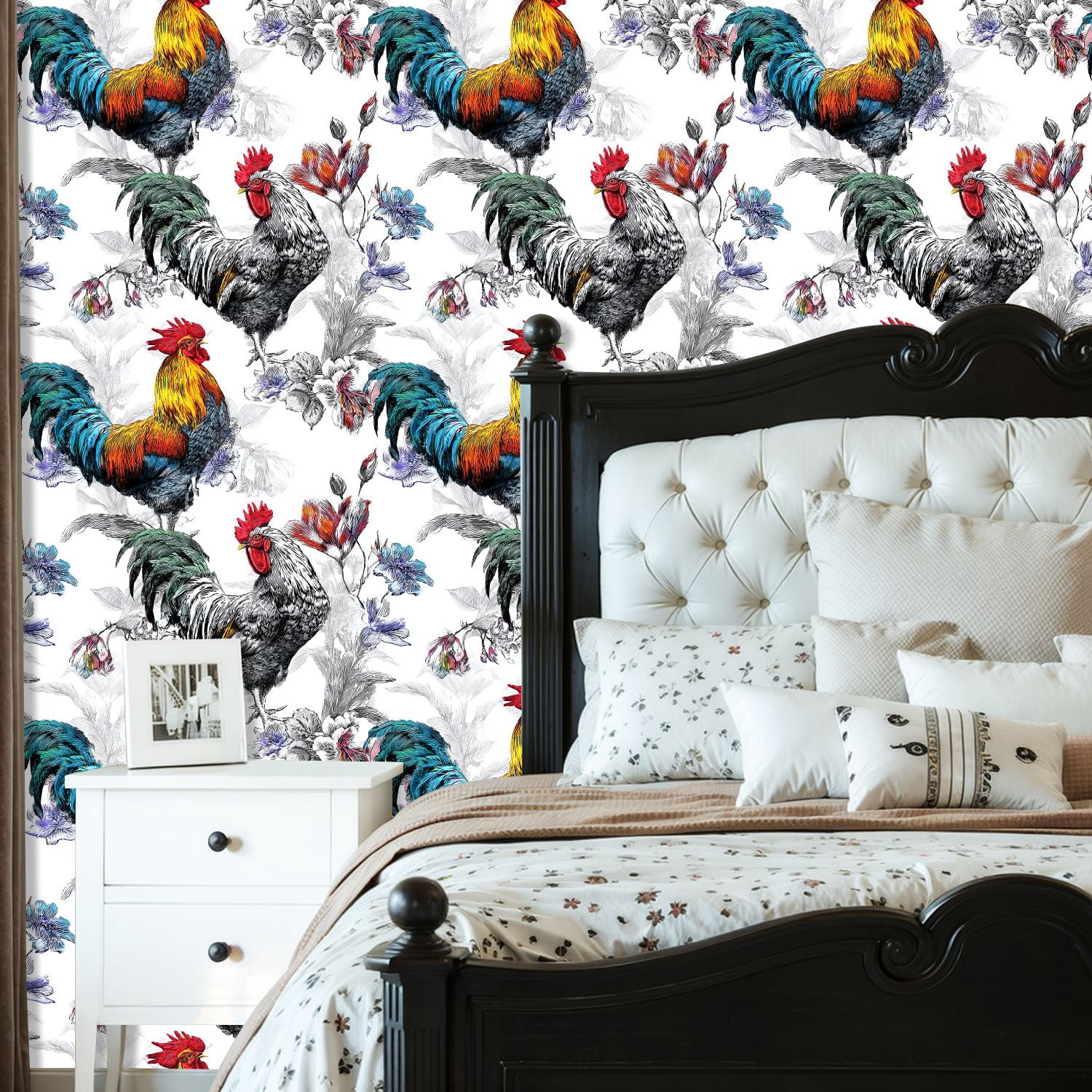 Farmhouse Peel and Stick Wallpaper Vibrant Rooster Colorful Feathers Floral Wall Mural 23.6in x 9.8ft Self Adhesive Wall Paper for Cabinets Drawers Bathroom Bedroom Thicken Vinyl Roll
