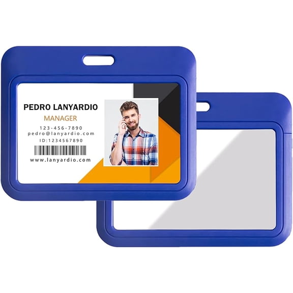 1 Pack Sliding Horizontal ID Badge Holder Hard Blue Plastic Card Case Protector Pouch with Sided Clear Window for Office School ID Credit Cards and Proximity Key Cards