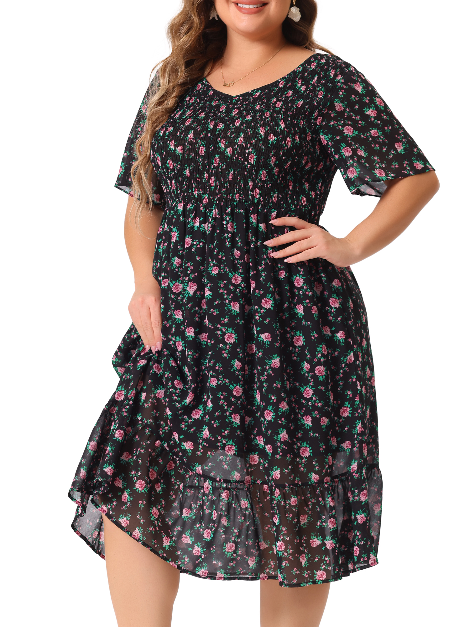 DARING DIVA Plus Size Elegant Floral Outfits Flare Midi Dress 1X Black Pink
