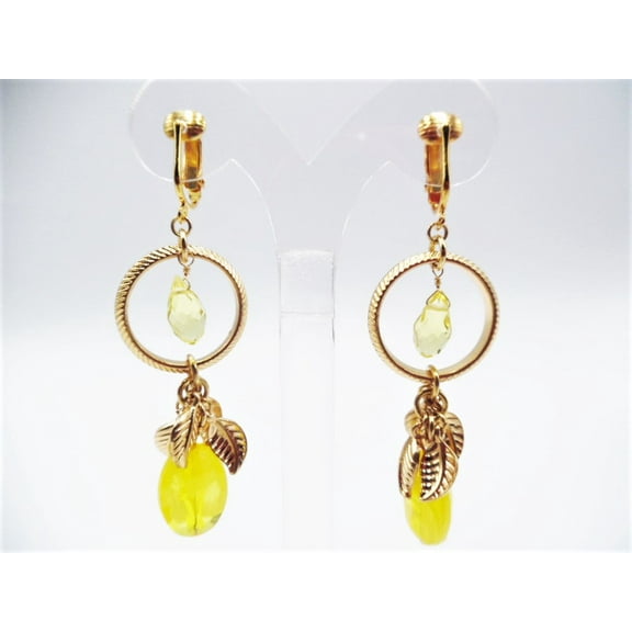 Clip on 3" gold dangle hoop earrings with yellow bead and leaves