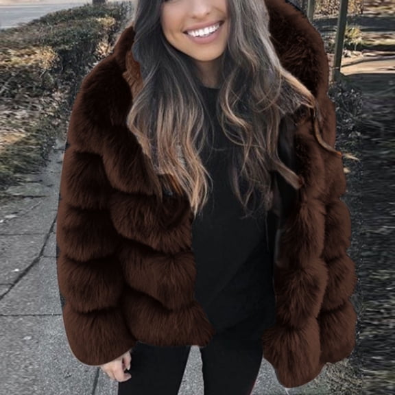 Women Faux Mink Winter Hooded New Faux Jacket Warm Thick Outerwear with Fox Fur Trim, in Brown, Size L