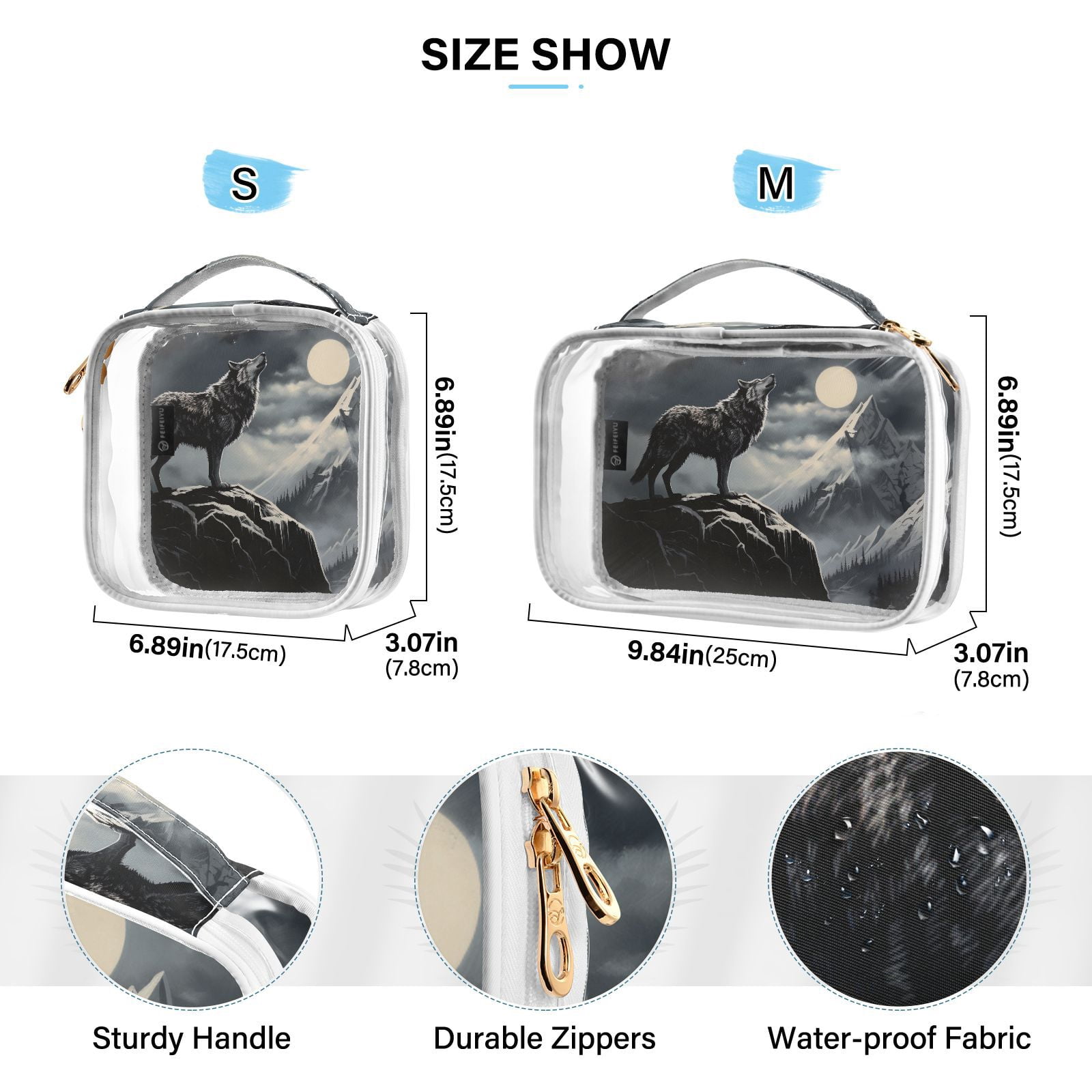 Clear Makeup Bags with Handle Large Opening 2 Pack Set Toiletry Bag Quart Size Bag, for Women Man Traveling Travel Essentials, Toiletries and Other. Wolf