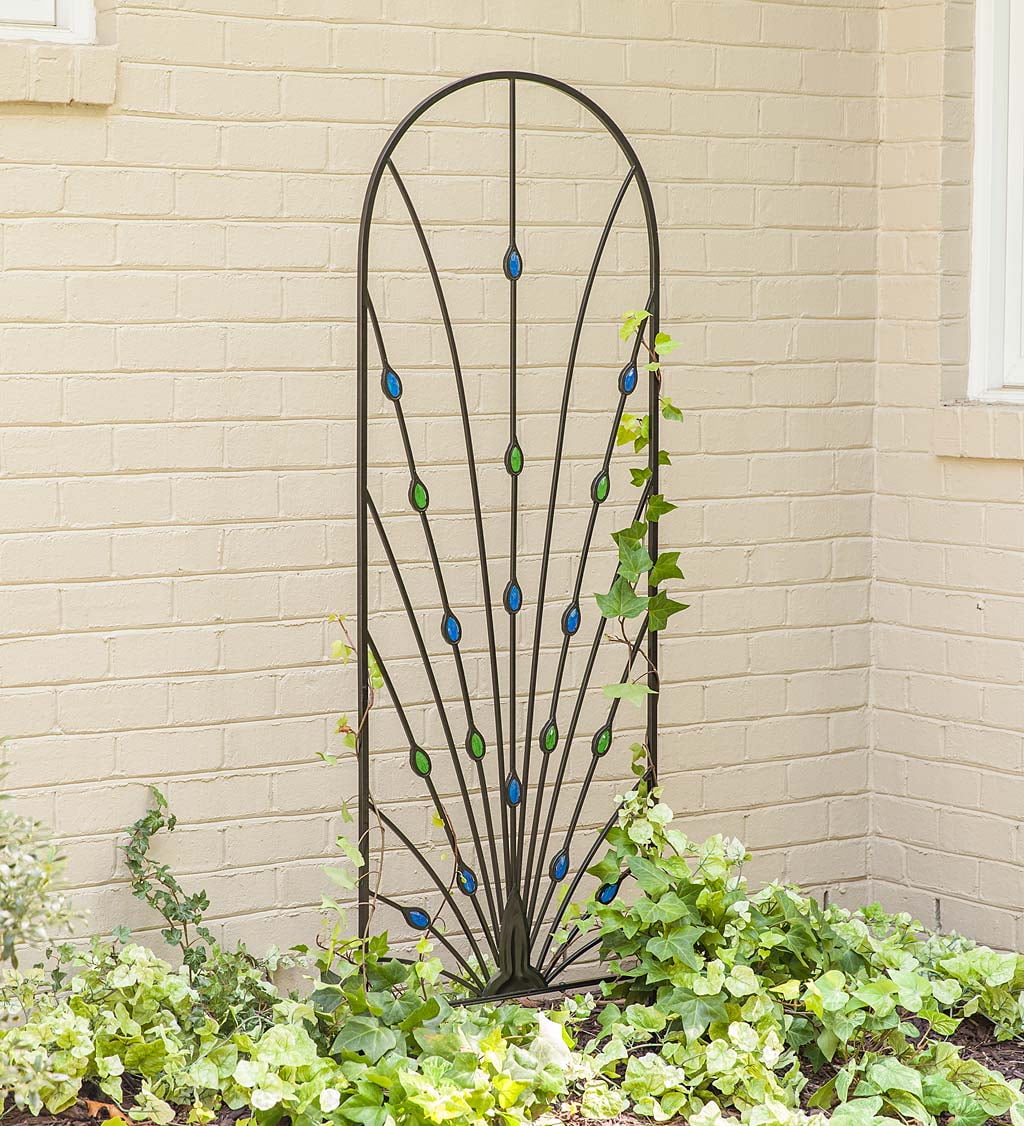 Peacock Garden Trellis with Glass Gems and Metal Frame, 24" W x 72" H