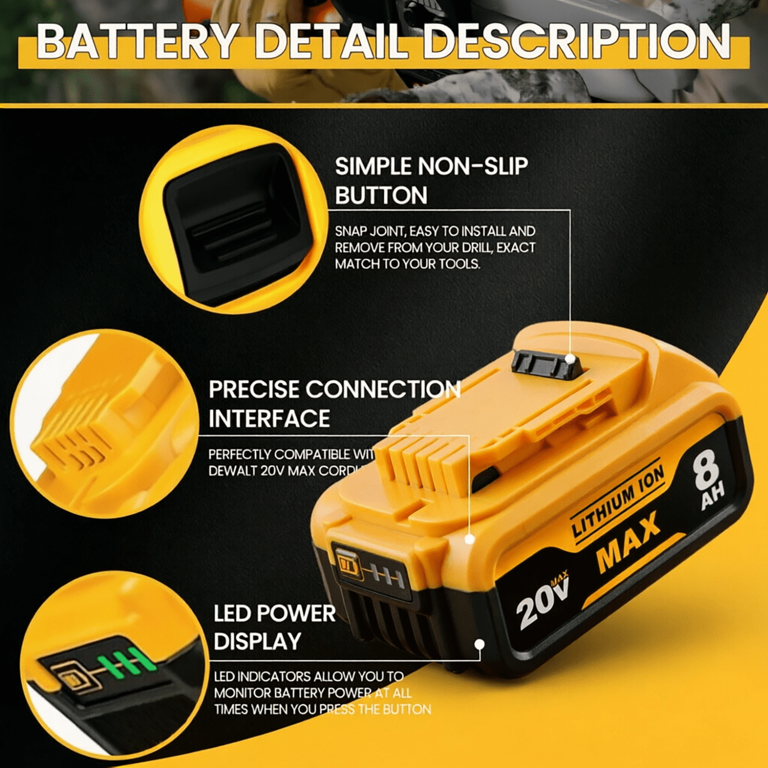 2-Pack Replace for Dw 20V Max Battery 8000mAh, Replacement for dewalt 20v Batteries DCB200 DCB201 DCB206 DCB204 DCB208, Compatible with DeWalt 20V Cordless Power Tools and Chargers