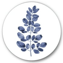 Designart 'Navy Blue Eucalyptus On White' Traditional Circle Metal Wall Art 11x11 - Disc of 11