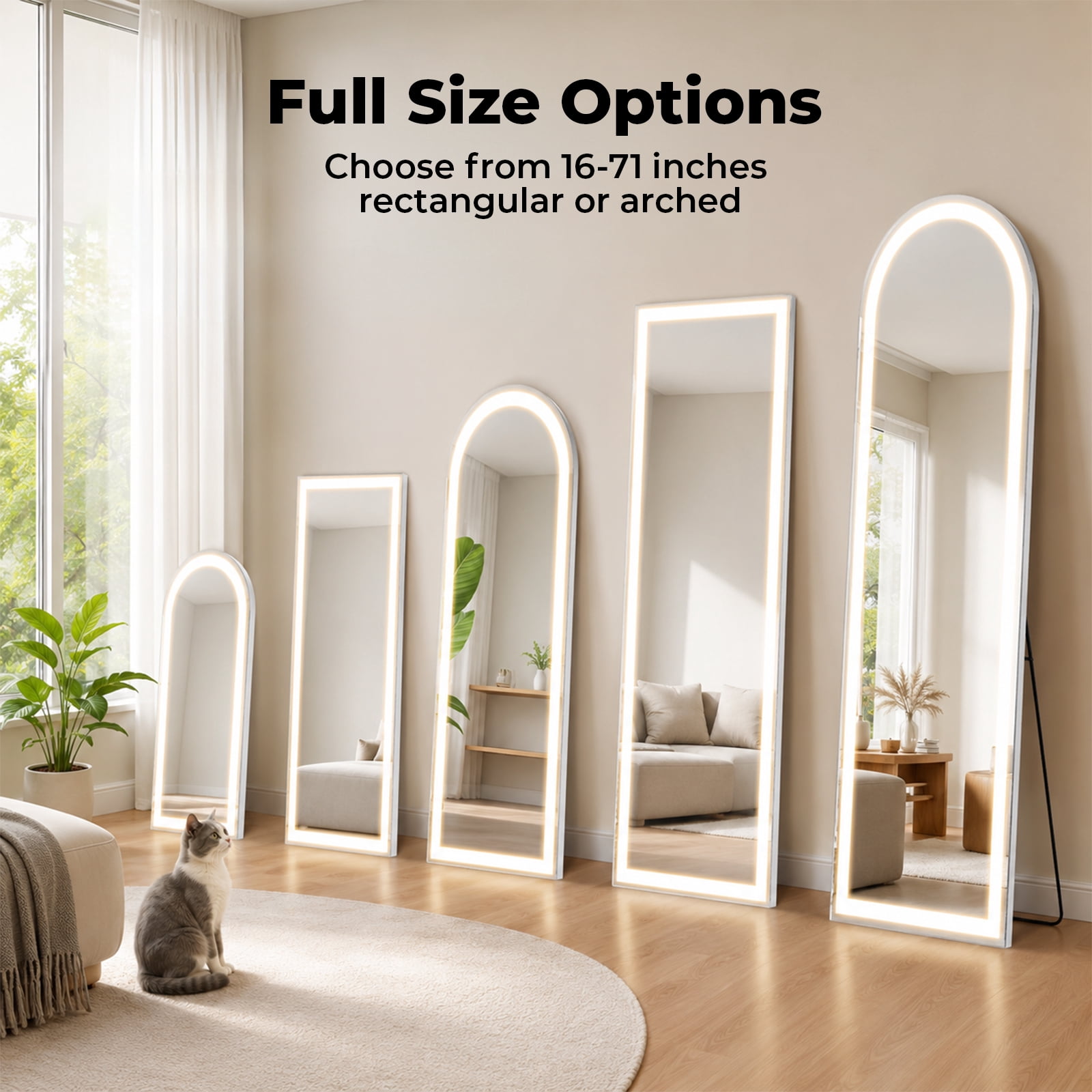 Alvantor Full Length Mirror with LED Lights, 16x60"-26x71" Lighted Full Body Floor Mirror with Dimming & 3 Color Lighting, Stand for Bedroom, Dressing Room, Rect/Arched