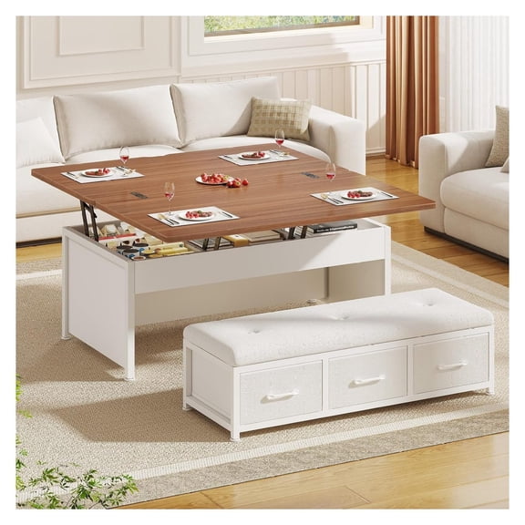 Lift Top Coffee Table Set, 43'' with Storage, Ottoman, Living Room Center Table - White