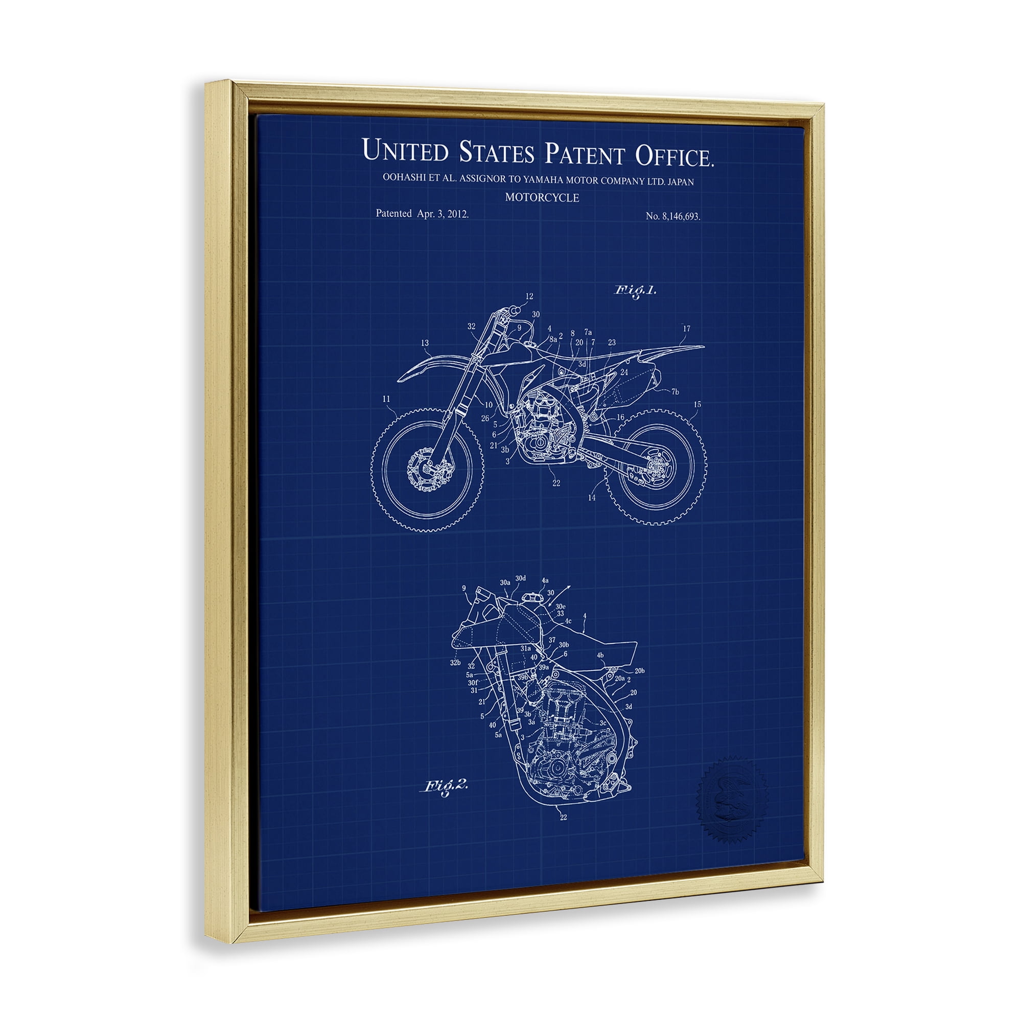 Stupell Industries Blue Motorcycle Blueprint Transportation Painting Gold Floater Framed Art Print Wall Art, 17 x 21