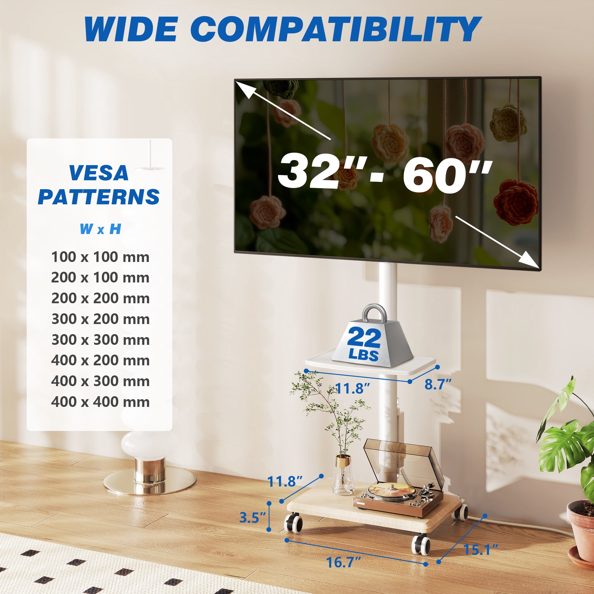 RTVR Mobile TV Stand with Wheels for Home Decor, with Power Outlet Heavy Duty TV Stand Wheels for 32-60 Inch TVs, White