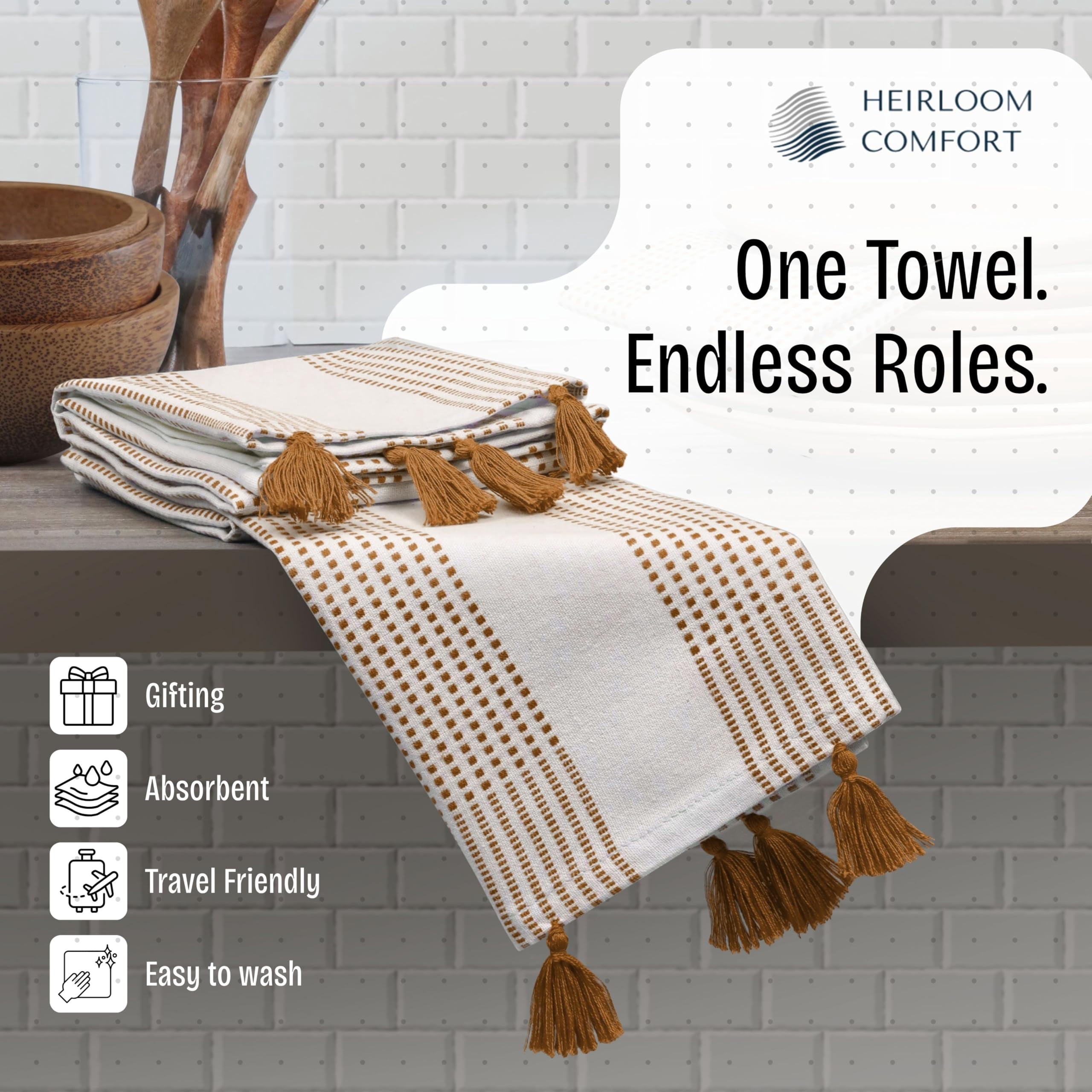 HEIRLOOM COMFORT Brown Decorative Dotted Kitchen Towels 16x26 Inch, 3 Pack, Soft, Absorbent 100% Cotton Dish Towels with Tassels, Quick-Dry for Cleaning, Drying Dishes, and Everyday Use
