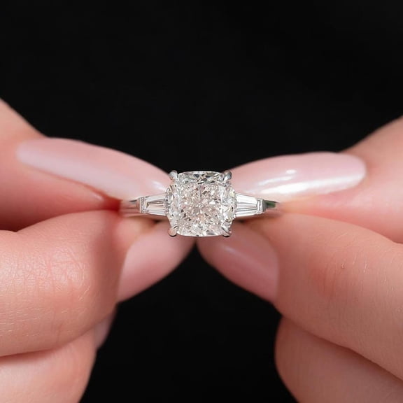 Solitaire Brilliance 3CT Cushion Cut Lab Grown Diamond Three Stone Engagement Ring for Women 10k White Gold Ring Size 4