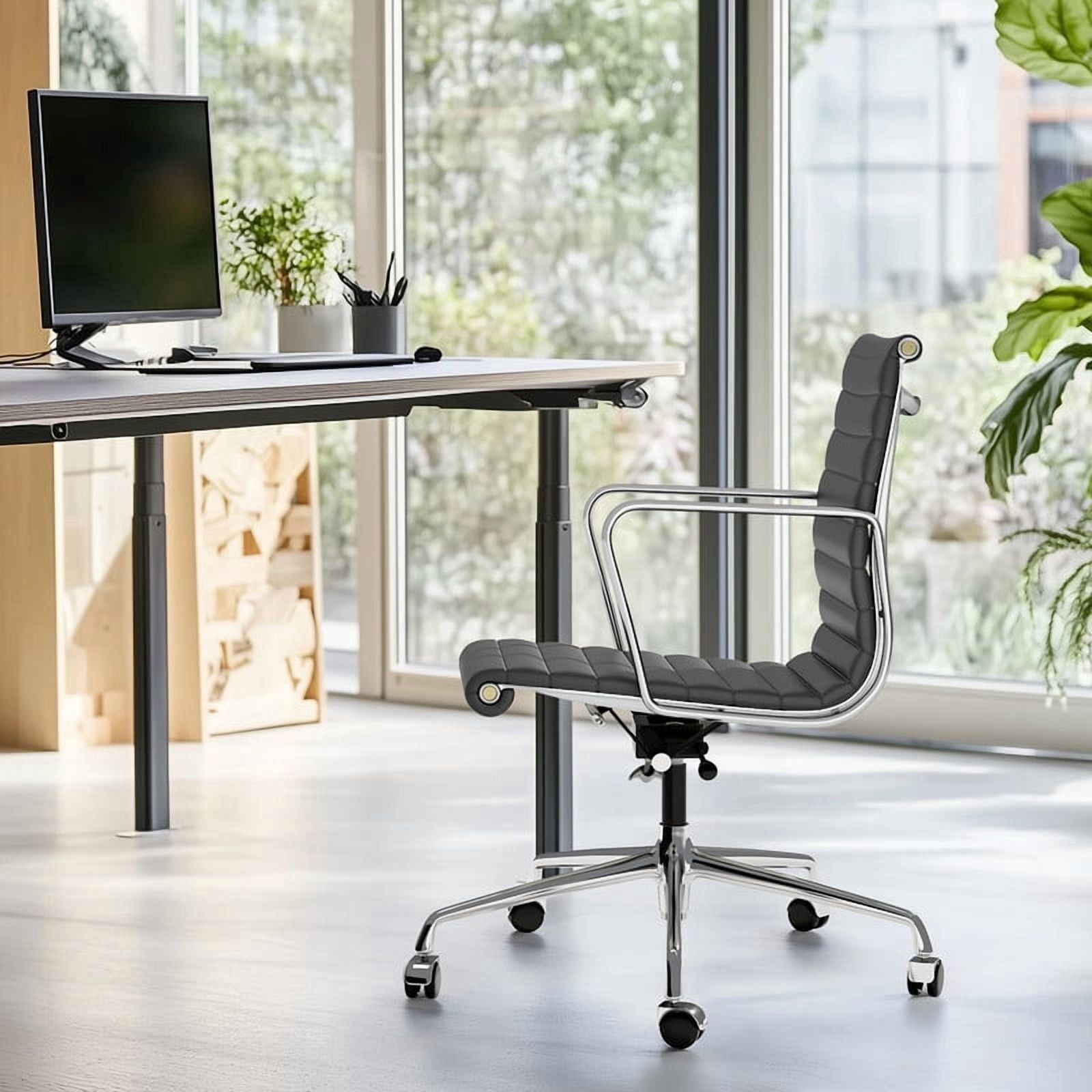 Cottinch Ribbed Office Chair Mid Back Genuine Leather Ergonomic Desk Chair with Arms, Adjustable Height Executive Conference Task Chair Swivel Chair for Home Office, Black