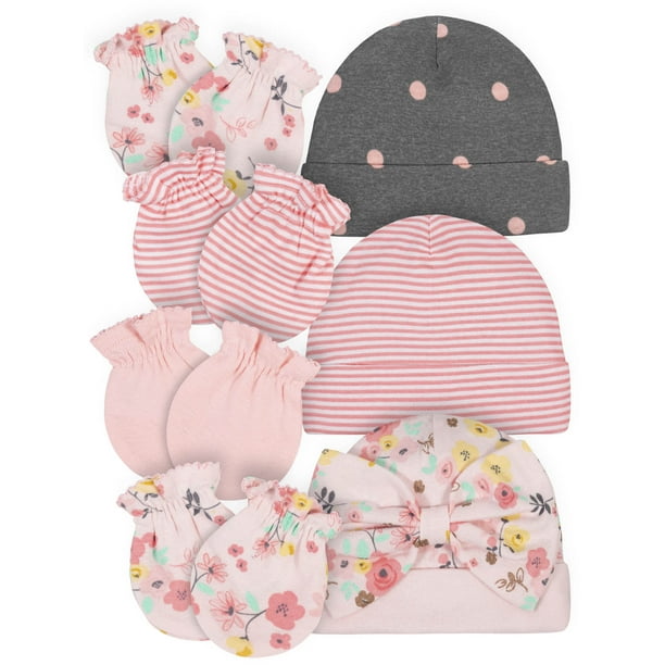 Gerber Gerber Baby Girl Caps & No Scratch Mittens Bundle, 7Piece(NB