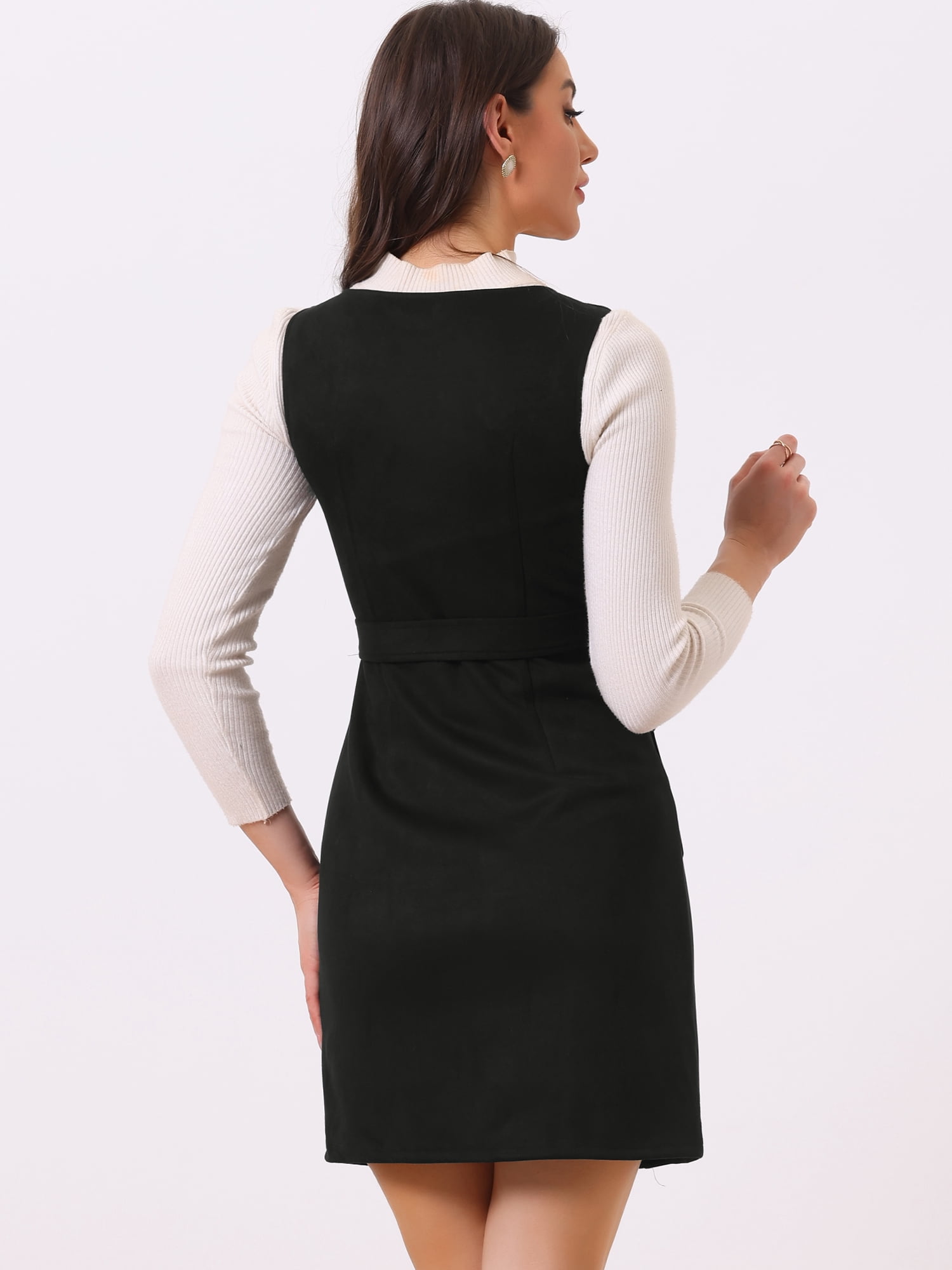 DARING DIVA Women's Faux Suede Round Neck Sleeveless Belted Pinafore Dress M Black