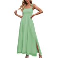 thumbnail image 1 of Dot Smocked Long Sun Dress Pure Color Bow Shoulder Strap Square Neck Side Split Maxi Dress for Birthday, 1 of 6
