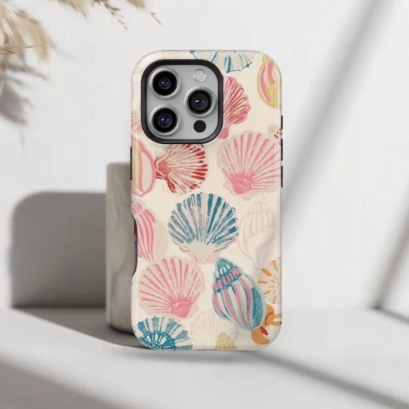 Beach Seashell Pattern Touch Phone Case, Dual Layer Protective Cover for Summer Vibes, Gift for Ocean Lovers, Compatible with iPhone 16 15 14 13 12 11 Pro Plus Mini